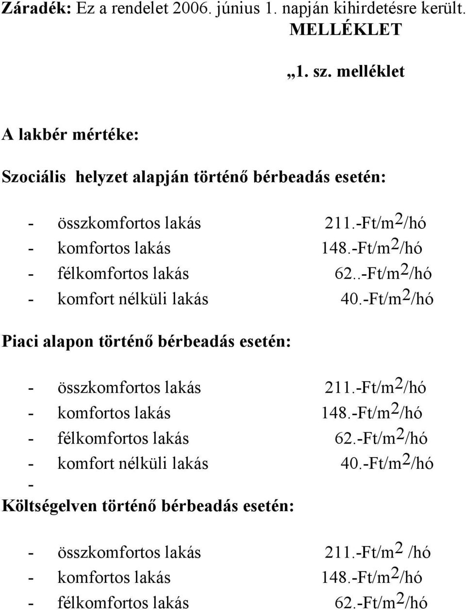 -Ft/m 2 /hó - félkomfortos lakás 62..-Ft/m 2 /hó - komfort nélküli lakás 40.-Ft/m 2 /hó Piaci alapon történő bérbeadás esetén: - összkomfortos lakás 211.