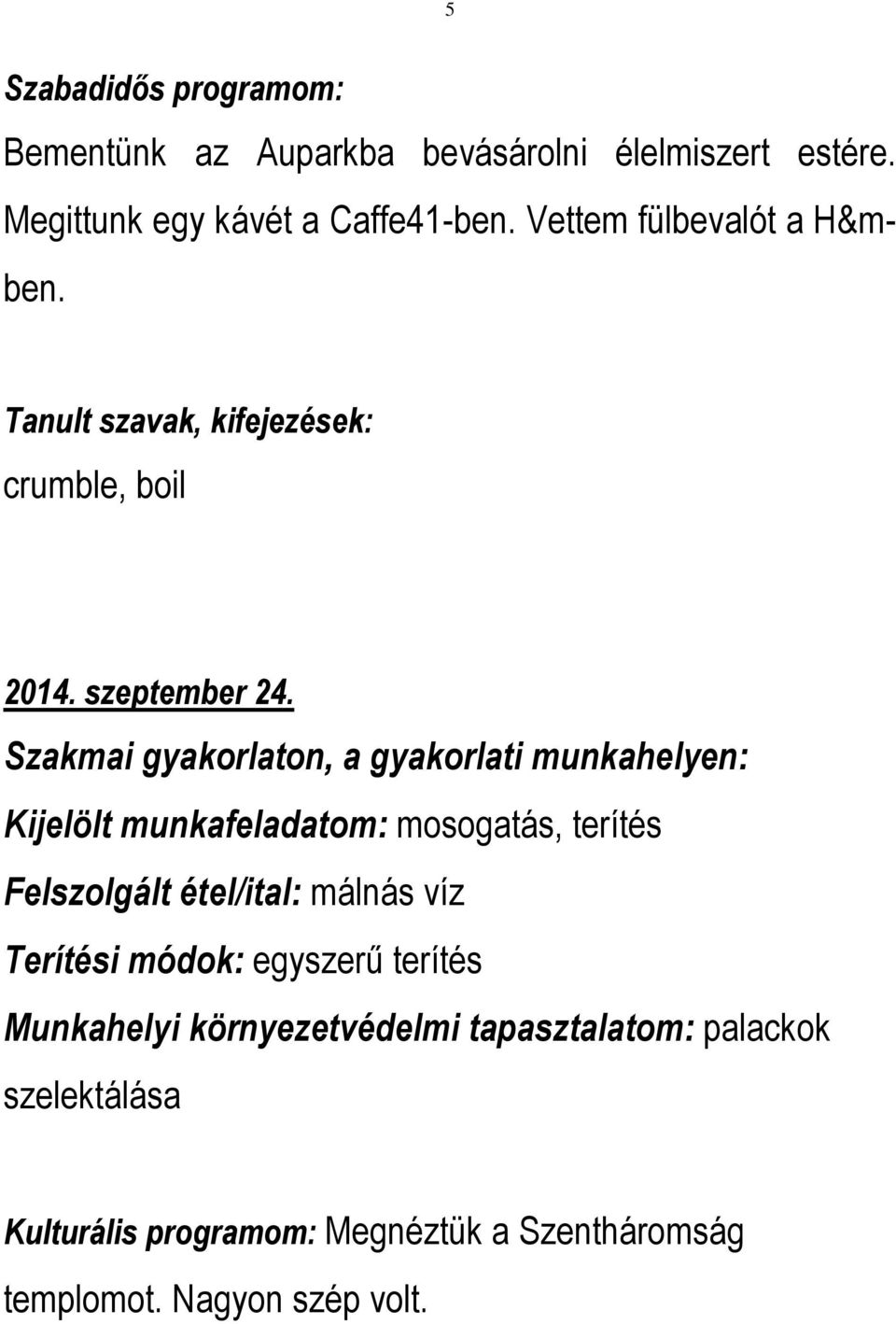 Szakmai gyakorlaton, a gyakorlati munkahelyen: Kijelölt munkafeladatom: mosogatás, terítés Felszolgált étel/ital: málnás víz