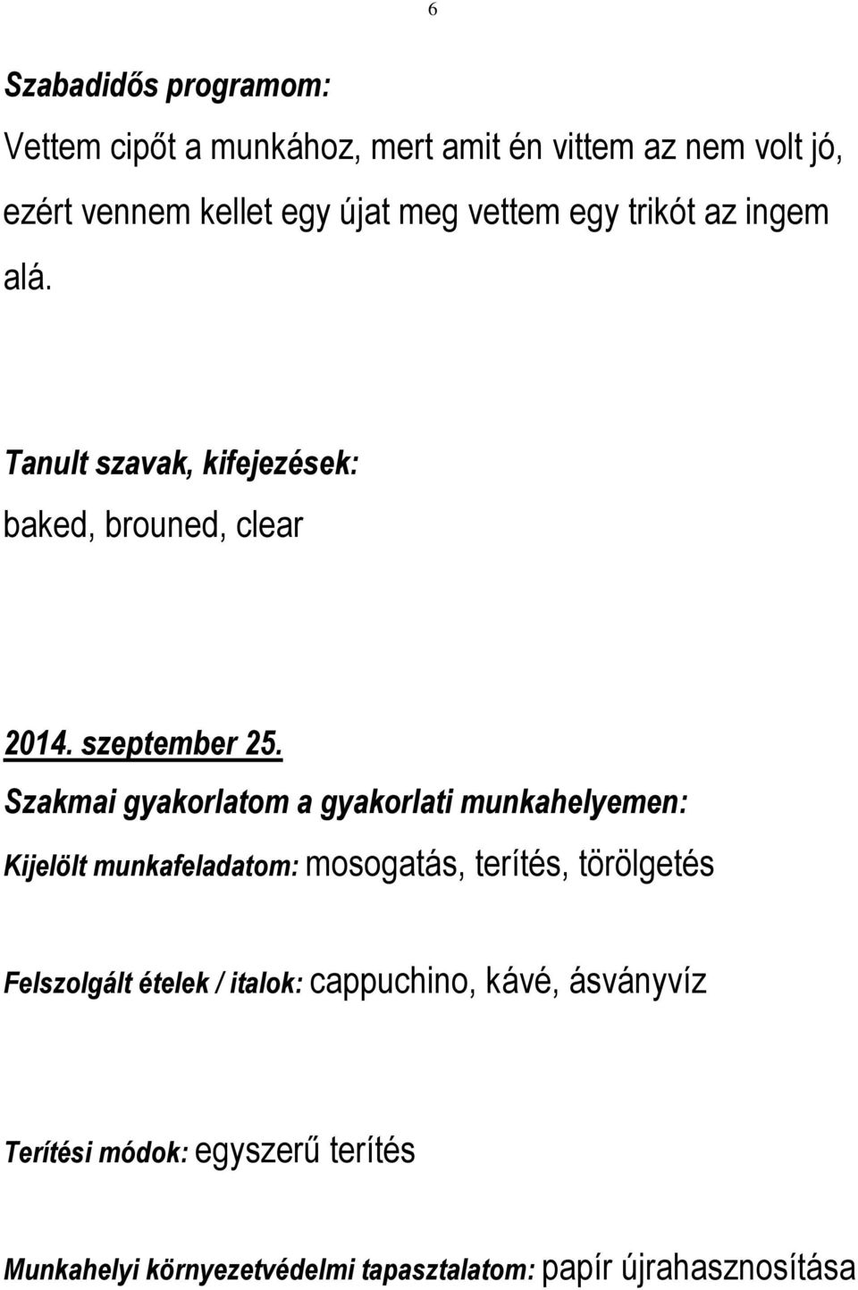 Szakmai gyakorlatom a gyakorlati munkahelyemen: Kijelölt munkafeladatom: mosogatás, terítés, törölgetés Felszolgált