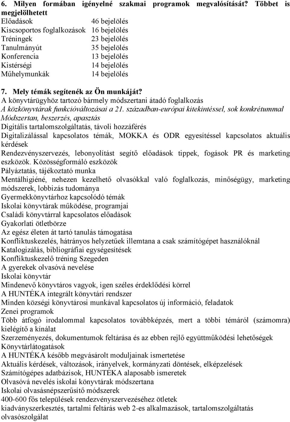 14 bejelölés 7. Mely témák segítenék az Ön munkáját? A könyvtárügyhöz tartozó bármely módszertani átadó foglalkozás A közkönyvtárak funkcióváltozásai a 21.