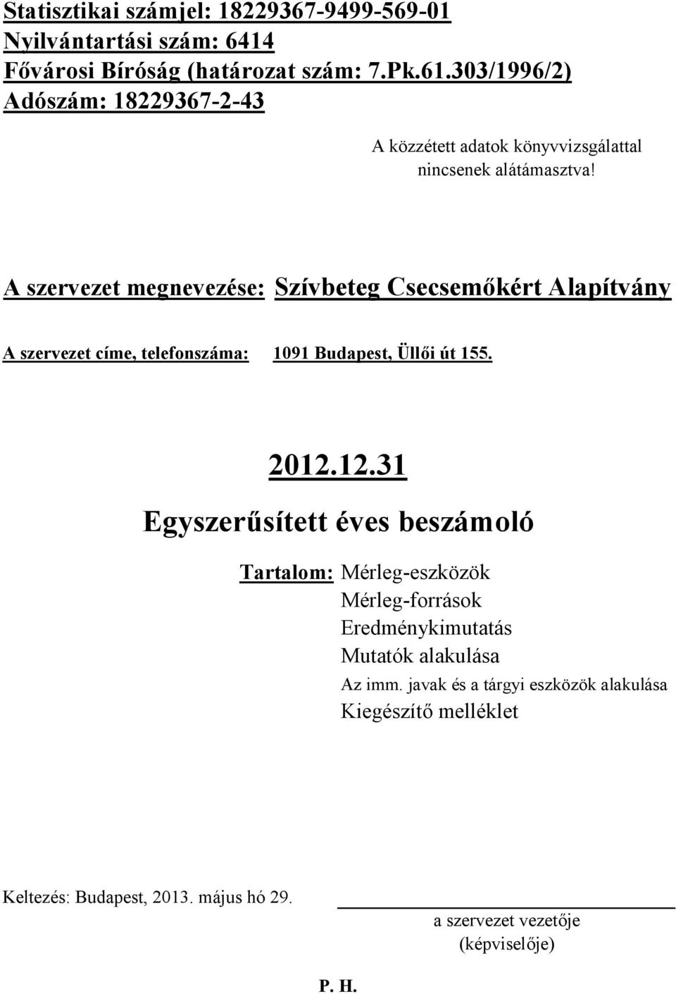 A szervezet megnevezése: Szívbeteg Csecsemőkért Alapítvány A szervezet címe, telefonszáma: 1091 Budapest, Üllői út 155. 2012.