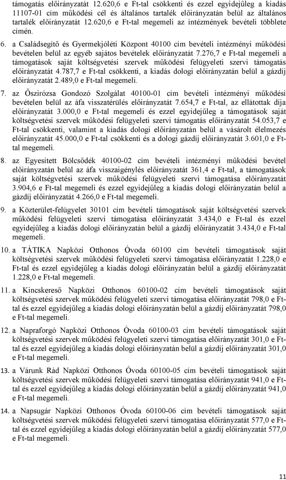 a Családsegítő és Gyermekjóléti Központ 40100 cím bevételi intézményi működési bevételen belül az egyéb sajátos bevételek előirányzatát 7.