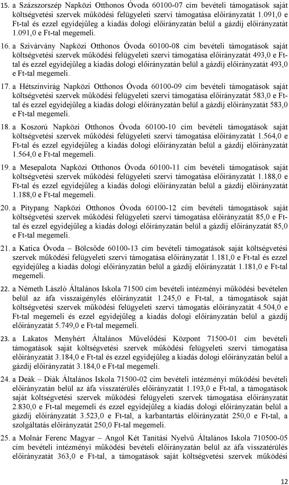 a Szivárvány Napközi Otthonos Óvoda 60100-08 cím bevételi támogatások saját költségvetési szervek működési felügyeleti szervi támogatása előirányzatát 493,0 e Fttal és ezzel egyidejűleg a kiadás