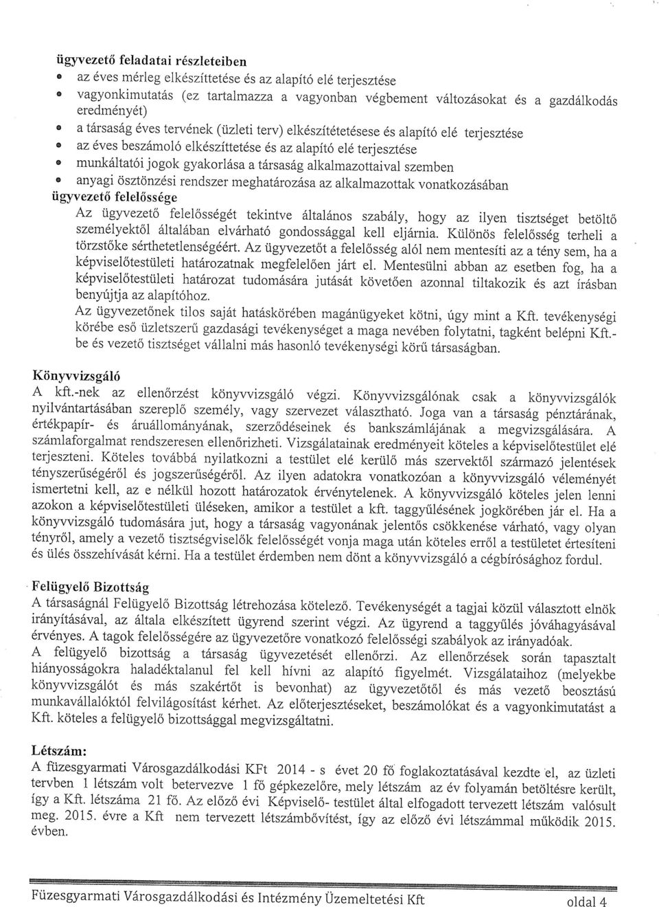 az éves beszámoló elkészíttetése és az alapító elé terjesztése o munkáltatói jogok gyakorlása a társaság alkalmazottaival szemben anyagi ösztönzési rendszer meghatározása az alkalmazottak