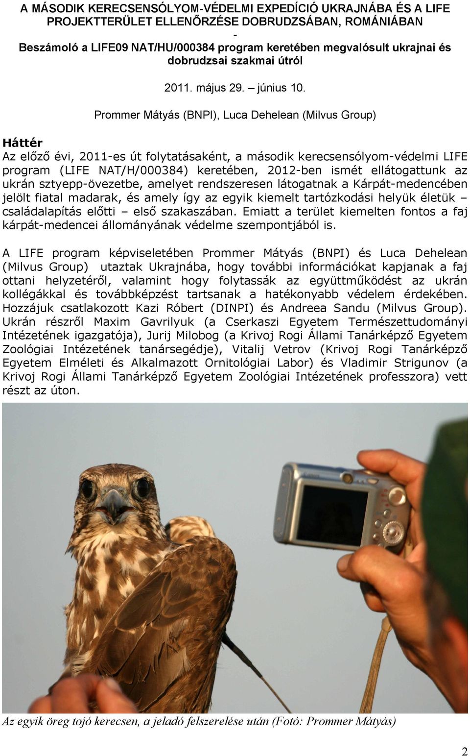 Prommer Mátyás (BNPI), Luca Dehelean (Milvus Group) Háttér Az előző évi, 2011-es út folytatásaként, a második kerecsensólyom-védelmi LIFE program (LIFE NAT/H/000384) keretében, 2012-ben ismét