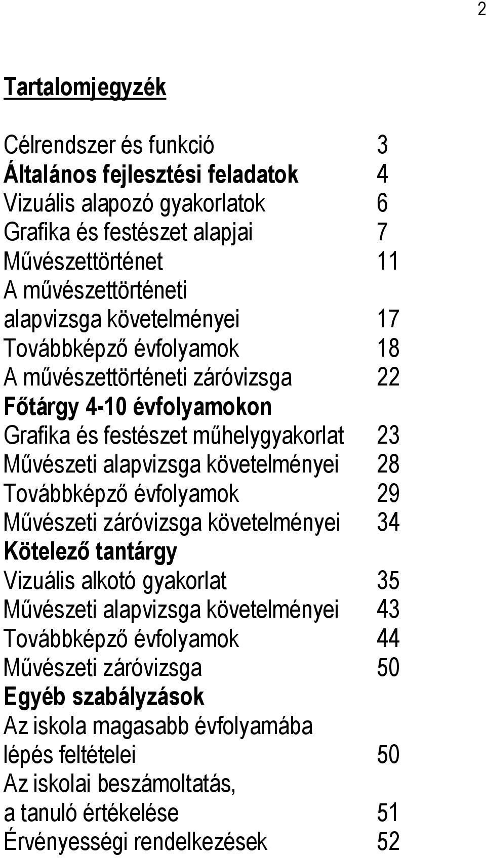 követelményei 28 Továbbképző évfolyamok 29 Művészeti záróvizsga követelményei 34 Kötelező tantárgy Vizuális alkotó gyakorlat 35 Művészeti alapvizsga követelményei 43 Továbbképző