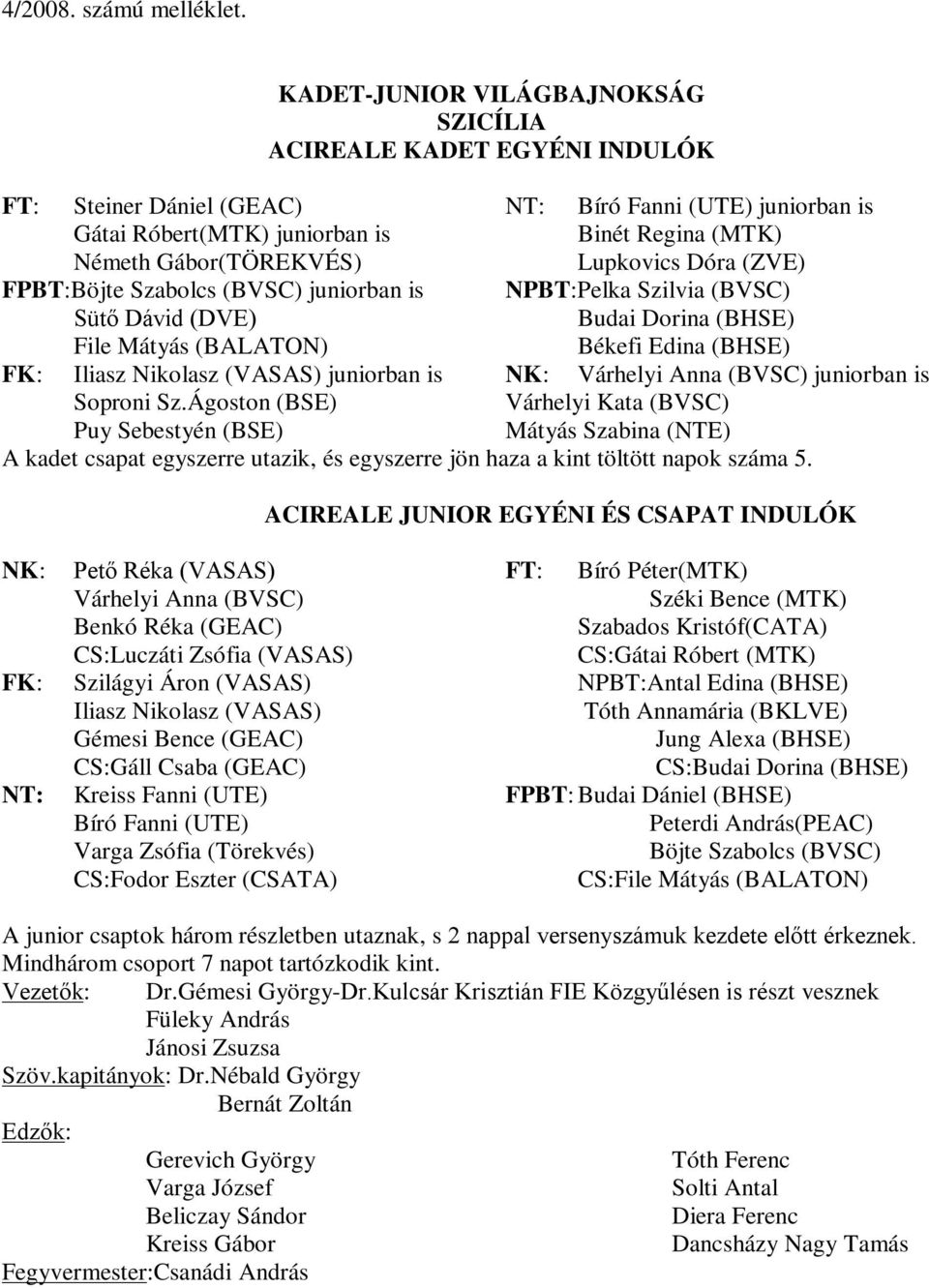 Lupkovics Dóra (ZVE) FPBT:Böjte Szabolcs (BVSC) juniorban is NPBT:Pelka Szilvia (BVSC) Sütő Dávid (DVE) Budai Dorina (BHSE) File Mátyás (BALATON) Békefi Edina (BHSE) FK: Iliasz Nikolasz (VASAS)