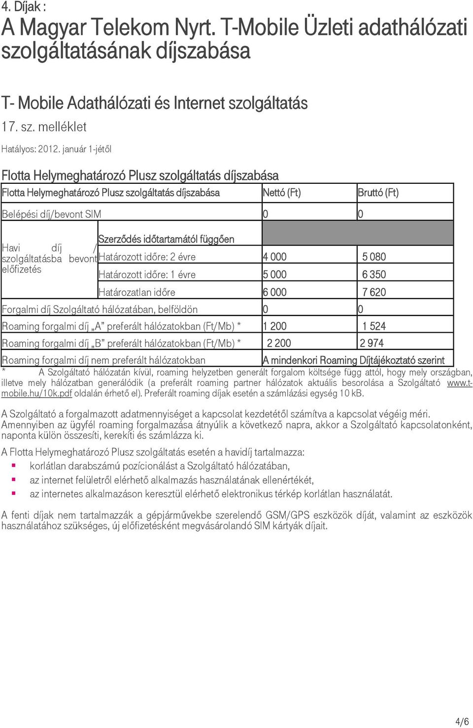 függően Havi díj / szolgáltatásba bevont Határozott időre: 2 évre 4 000 5 080 előfizetés Határozott időre: 1 évre 5 000 6 350 Határozatlan időre 6 000 7 620 Forgalmi díj Szolgáltató hálózatában,