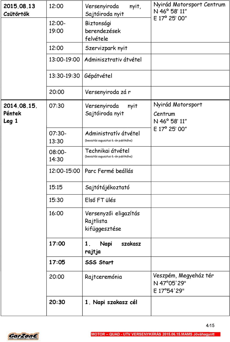 Adminisztratív átvétel 13:30-19:30 Gépátvétel 20:00 Versenyiroda zá r 2014.08.15.