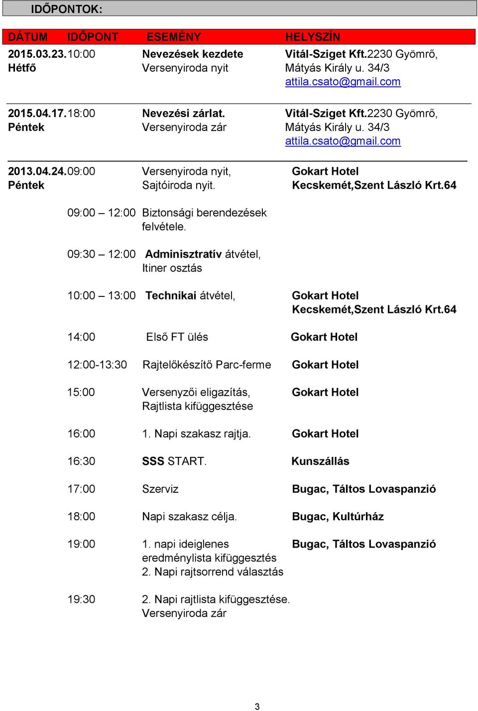 Kecskemét,Szent László Krt.64 09:00 12:00 Biztonsági berendezések felvétele. 09:30 12:00 Adminisztratív átvétel, Itiner osztás 10:00 13:00 Technikai átvétel, Gokart Hotel Kecskemét,Szent László Krt.