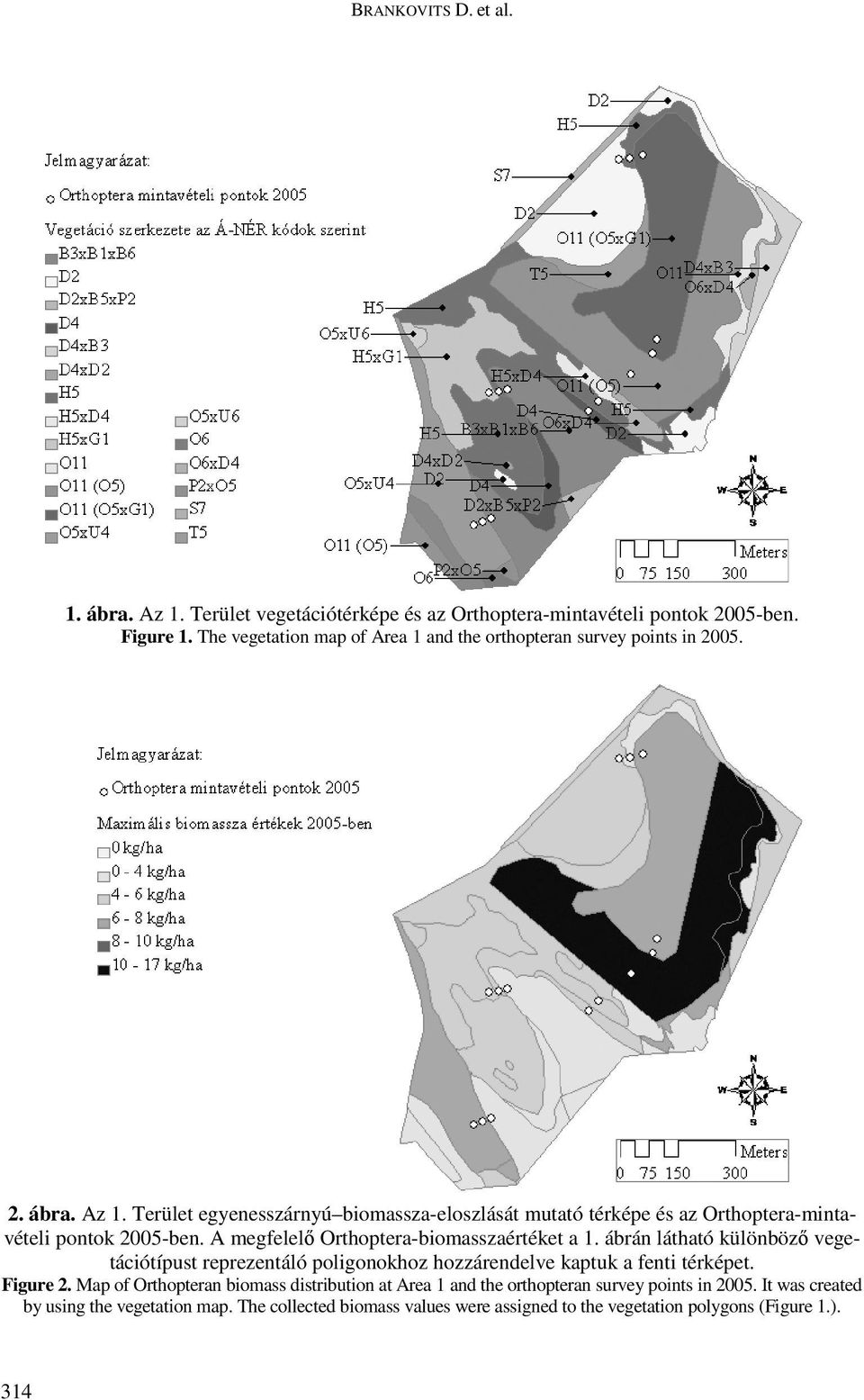 Terület egyenesszárnyú biomassza-eloszlását mutató térképe és az Orthoptera-mintavételi pontok 2005-ben. A megfelelő Orthoptera-biomasszaértéket a 1.
