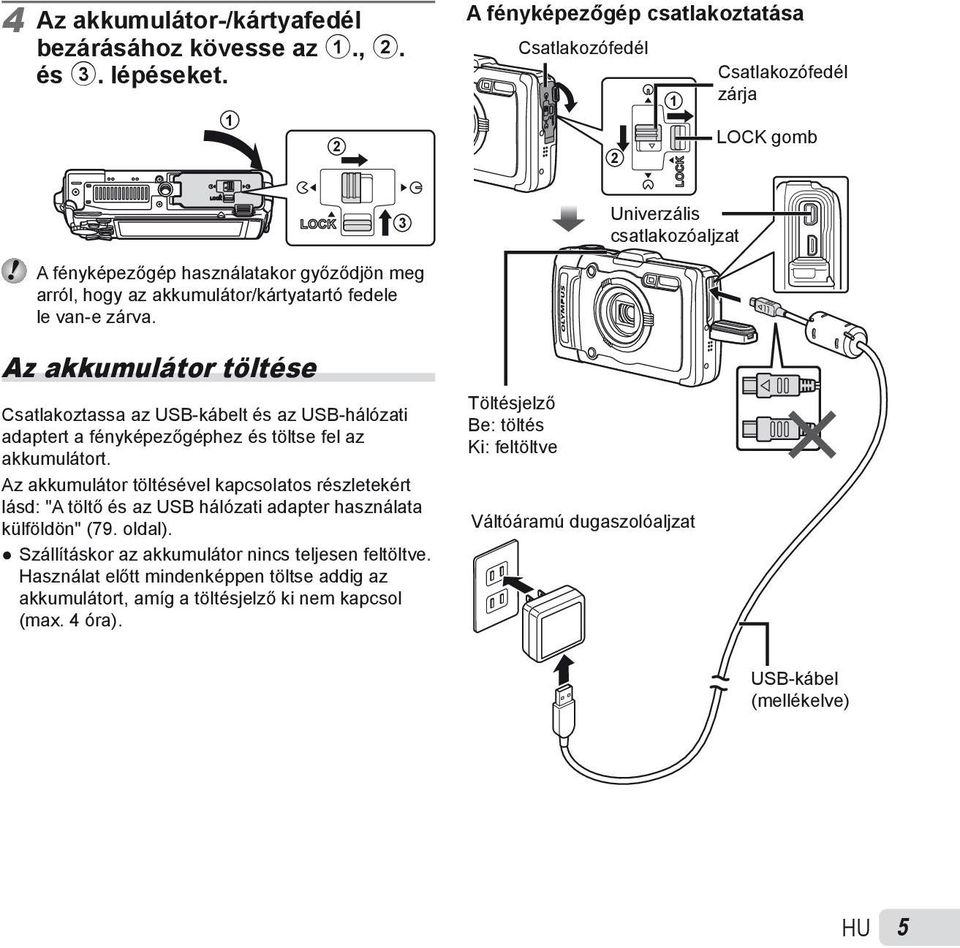 akkumulátor/kártyatartó fedele le van-e zárva. Az akkumulátor töltése Csatlakoztassa az USB-kábelt és az USB-hálózati adaptert a fényképezőgéphez és töltse fel az akkumulátort.