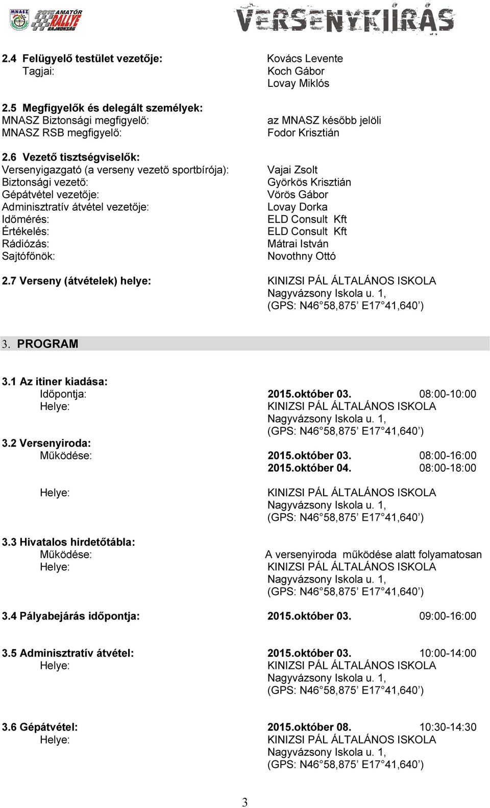 később jelöli Fodor Krisztián Vajai Zsolt Györkös Krisztián Vörös Gábor Lovay Dorka ELD Consult Kft ELD Consult Kft Mátrai István Novothny Ottó 2.7 Verseny (átvételek) helye: 3. PROGRAM 3.