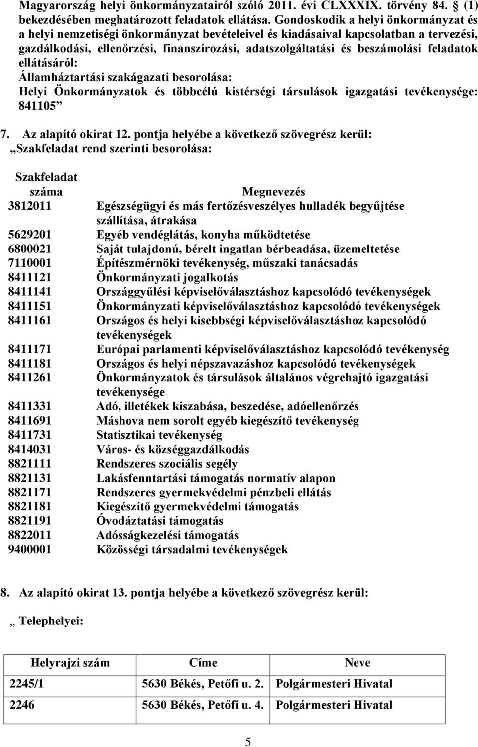 feladatok ellátásáról: Államháztartási szakágazati besorolása: Helyi Önkormányzatok és többcélú kistérségi társulások igazgatási tevékenysége: 841105 7. Az alapító okirat 12.