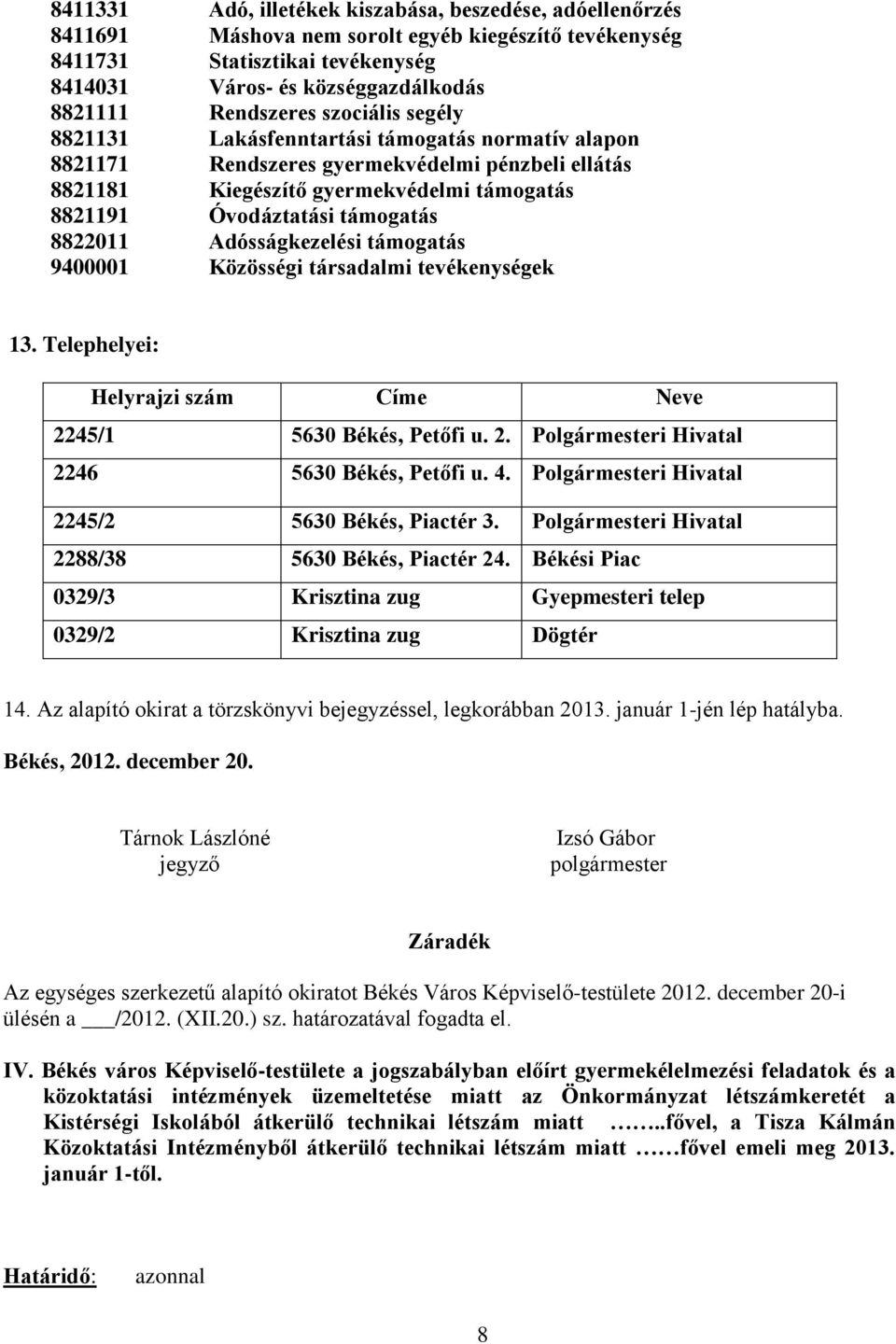 támogatás 8822011 Adósságkezelési támogatás 9400001 Közösségi társadalmi tevékenységek 13. Telephelyei: Helyrajzi szám Címe Neve 2245/1 5630 Békés, Petőfi u. 2. Polgármesteri Hivatal 2246 5630 Békés, Petőfi u.