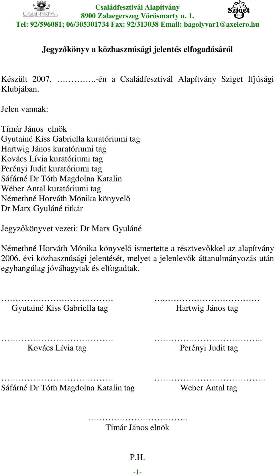 Jelen vannak: Tímár János elnök Gyutainé Kiss Gabriella kuratóriumi tag Hartwig János kuratóriumi tag Kovács Lívia kuratóriumi tag Perényi Judit kuratóriumi tag Sáfárné Dr Tóth Magdolna Katalin Wéber