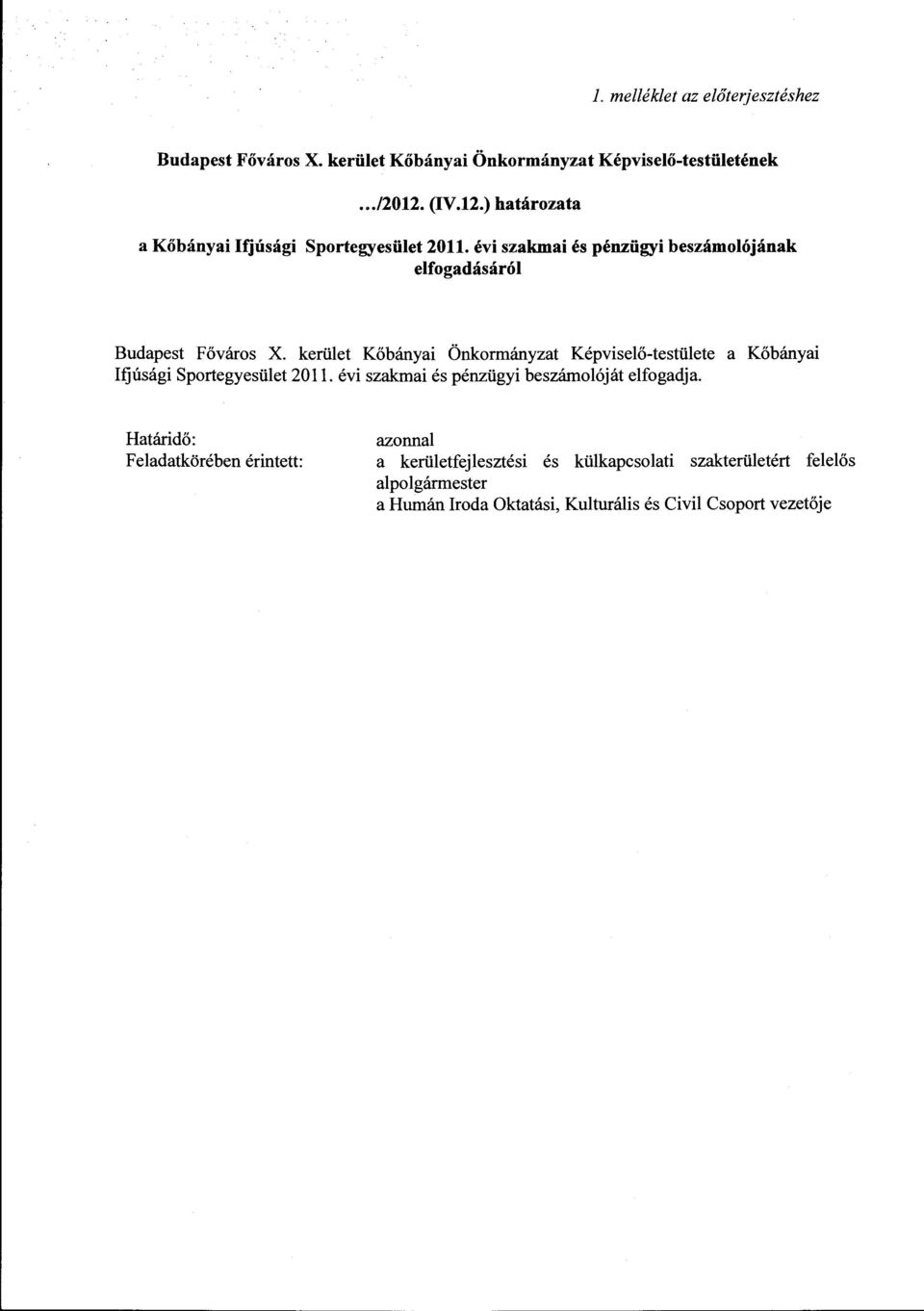 kerüet Kőbányai Önkormányzat Képviseő-testüete a Kőbányai Ifjúsági Sportegyesüet 2011. évi szakmai és pénzügyi beszámoóját efogadja.