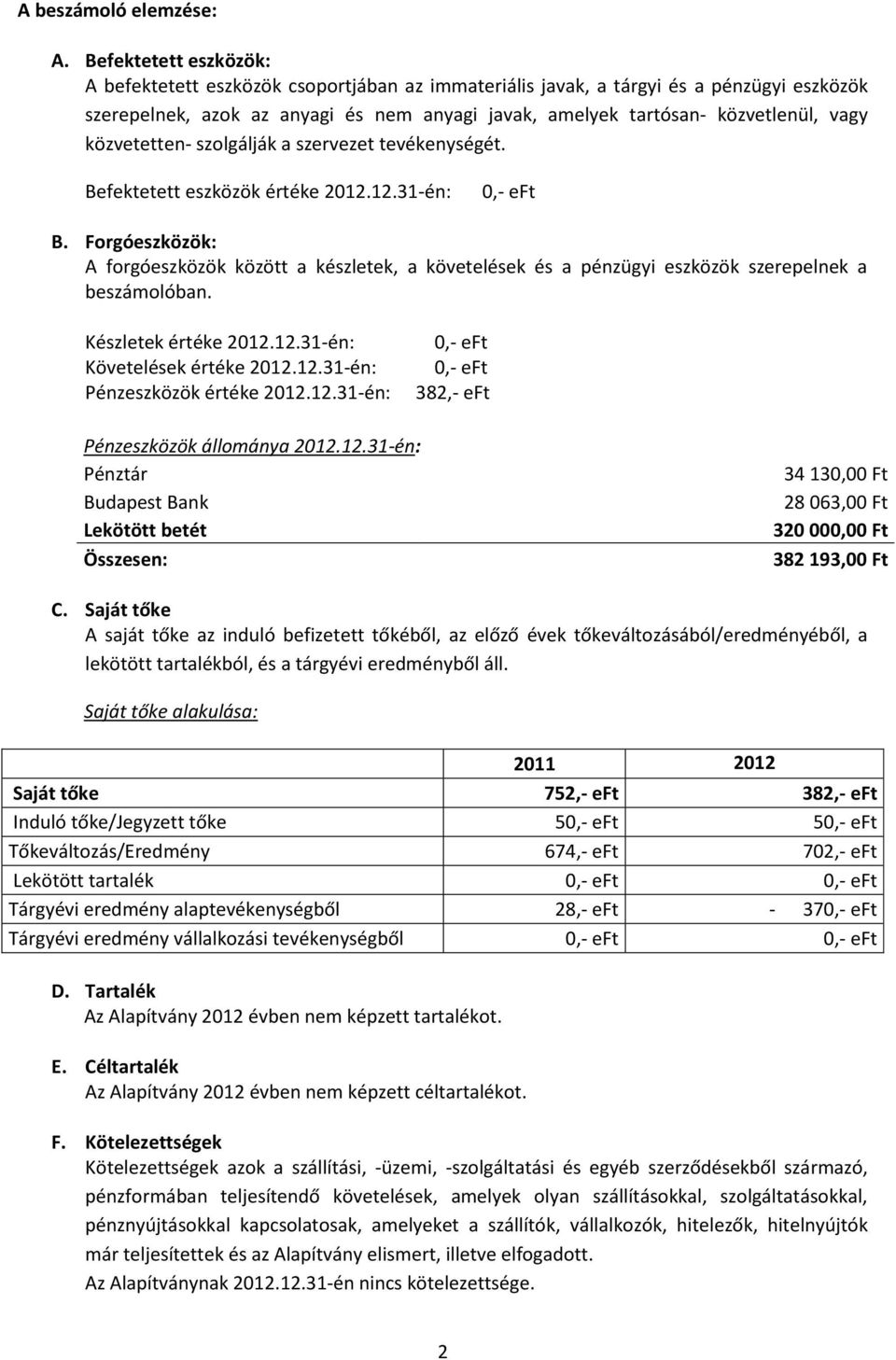 közvetetten- szolgálják a szervezet tevékenységét. Befektetett eszközök értéke 2012.12.31-én: B.