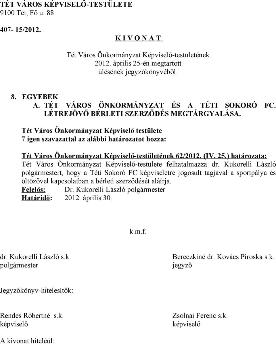 ) határozata: Tét Város Önkormányzat Képviselő-testülete felhatalmazza dr.