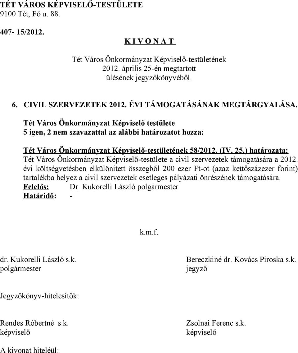 ) határozata: Tét Város Önkormányzat Képviselő-testülete a civil szervezetek támogatására a 2012.