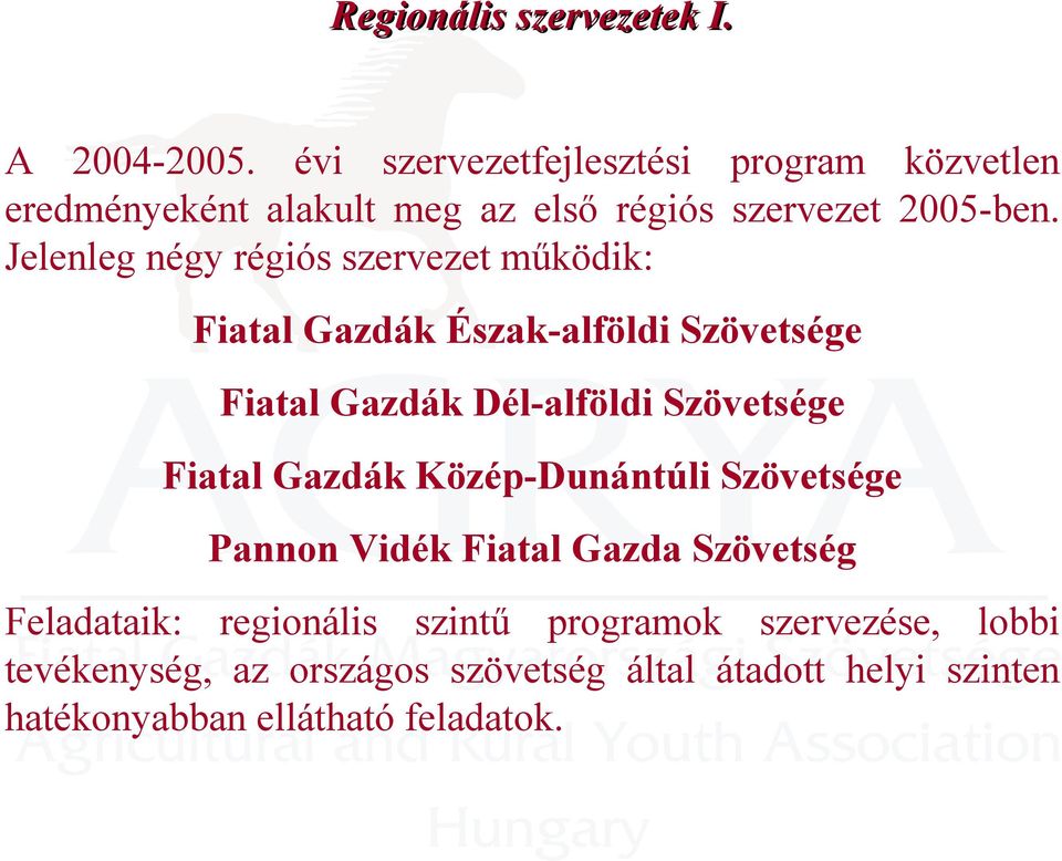 Jelenleg négy régiós szervezet működik: Fiatal Gazdák Észak-alföldi Szövetsége Fiatal Gazdák Dél-alföldi Szövetsége Fiatal