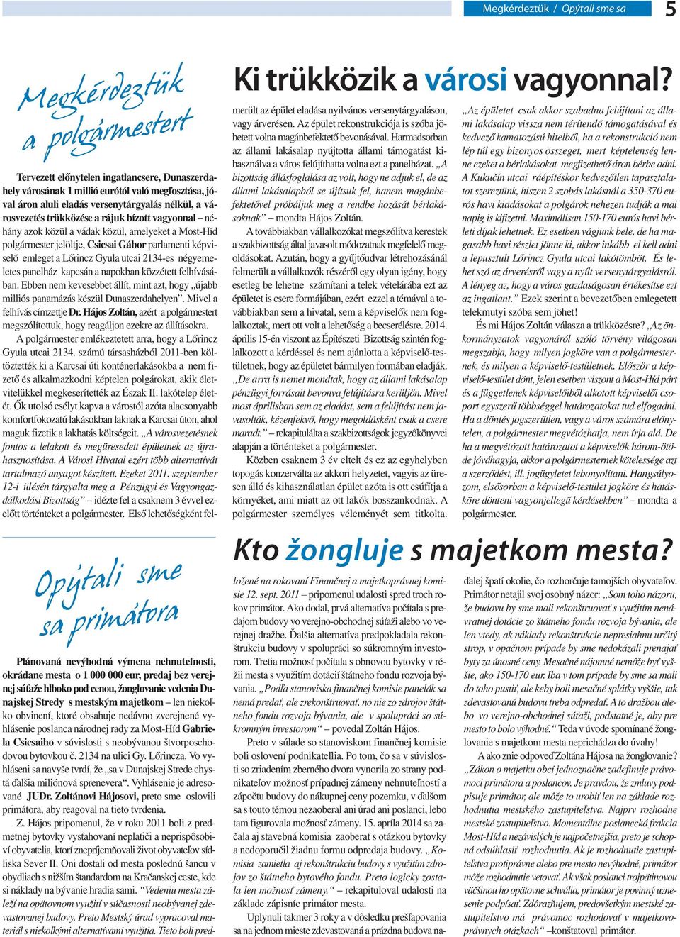 néhány azok közül a vádak közül, amelyeket a Most-Híd polgármester jelöltje, Csicsai Gábor parlamenti képviselő emleget a Lőrincz Gyula utcai 2134-es négyemeletes panelház kapcsán a napokban