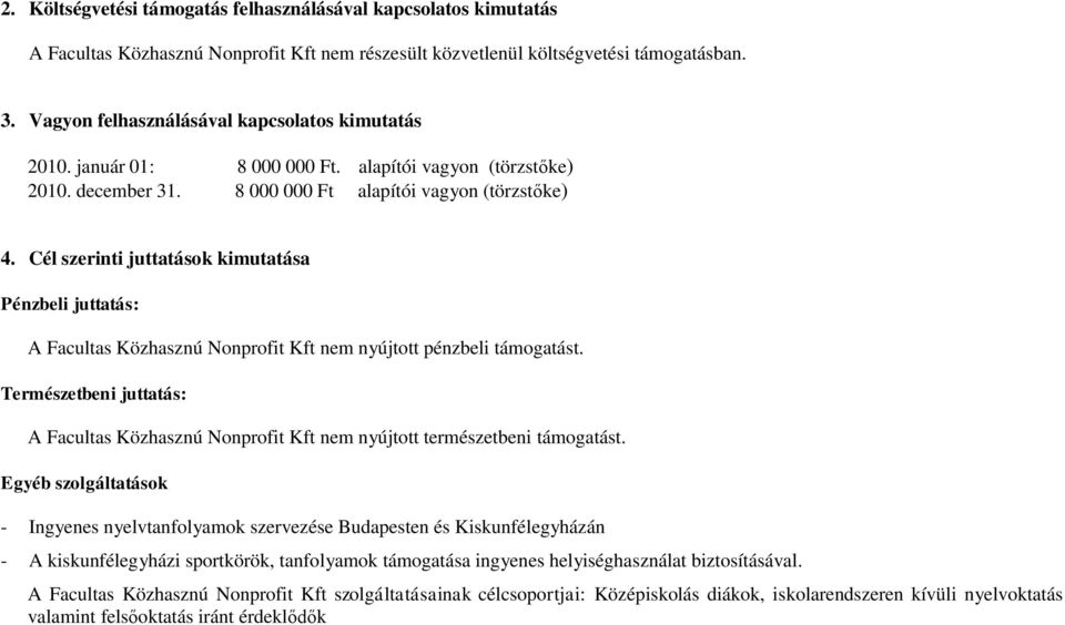 Cél szerinti juttatások kimutatása Pénzbeli juttatás: A Facultas Közhasznú Nonprofit Kft nem nyújtott pénzbeli támogatást.