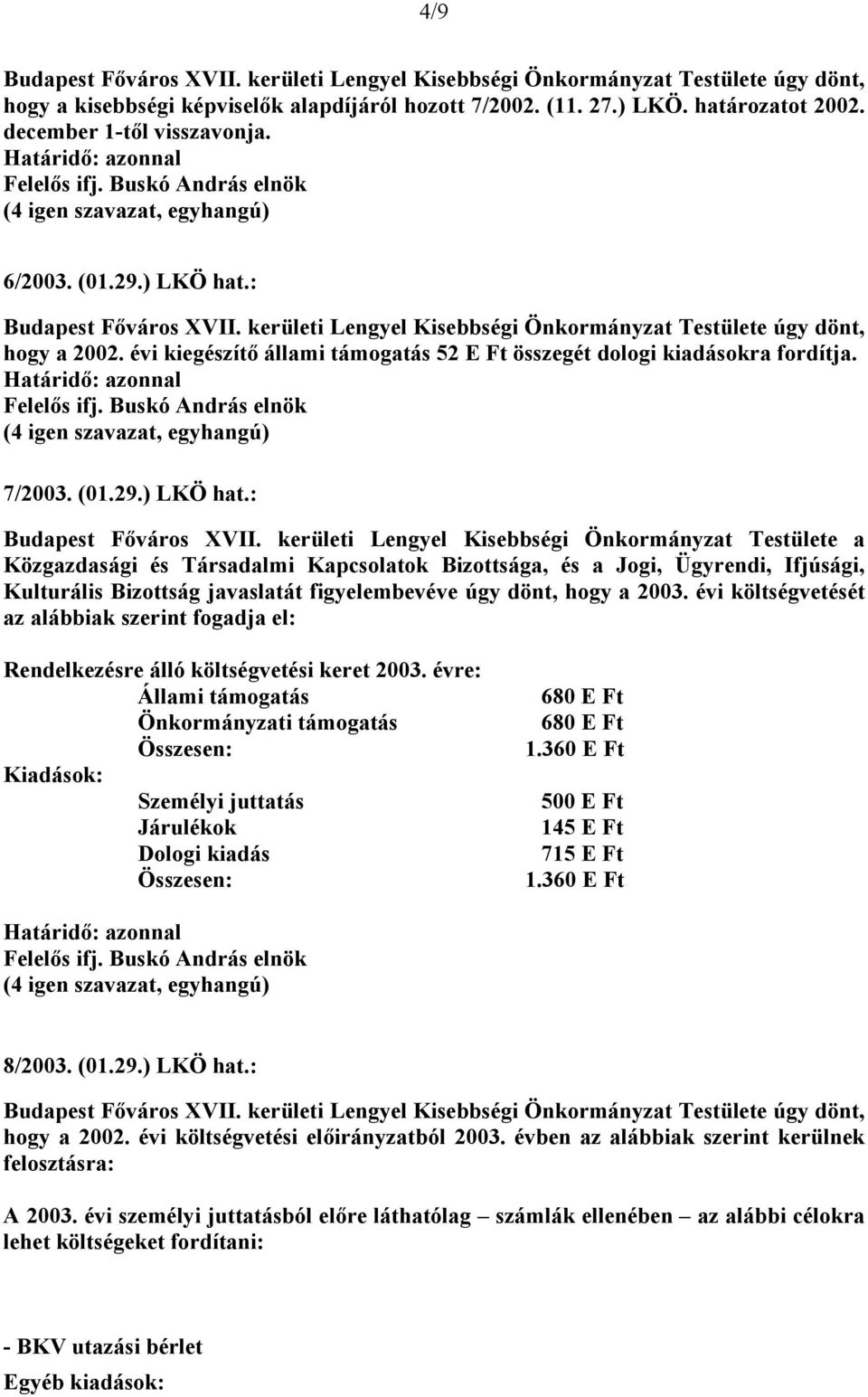 kerületi Lengyel Kisebbségi Önkormányzat Testülete a Közgazdasági és Társadalmi Kapcsolatok Bizottsága, és a Jogi, Ügyrendi, Ifjúsági, Kulturális Bizottság javaslatát figyelembevéve úgy dönt, hogy a