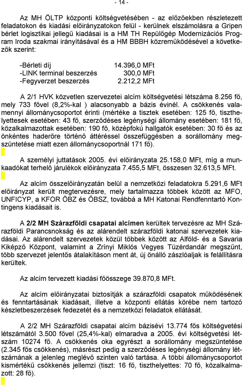 212,2 MFt A 2/1 HVK közvetlen szervezetei alcím költségvetési létszáma 8.256 fő, mely 733 fővel (8,2%-kal ) alacsonyabb a bázis évinél.