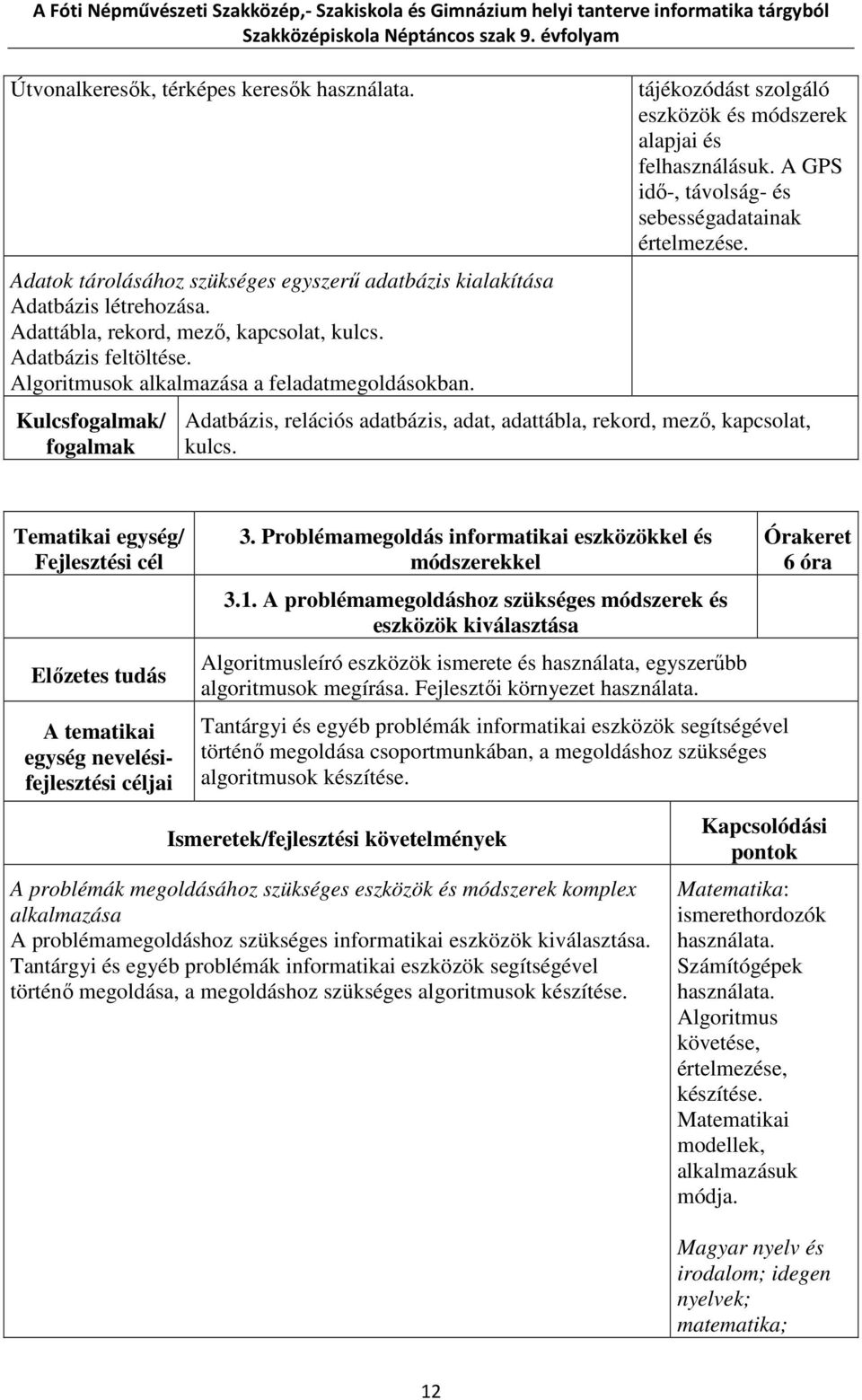 Adatbázis, relációs adatbázis, adat, adattábla, rekord, mező, kapcsolat, kulcs. Tematikai egység/ Fejlesztési cél Előzetes tudás A tematikai egység nevelésifejlesztési céljai 3.