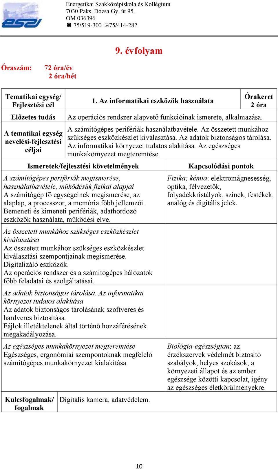 Az összetett munkához szükséges eszközkészlet kiválasztása. Az adatok biztonságos tárolása. Az informatikai környezet tudatos alakítása. Az egészséges munkakörnyezet megteremtése.