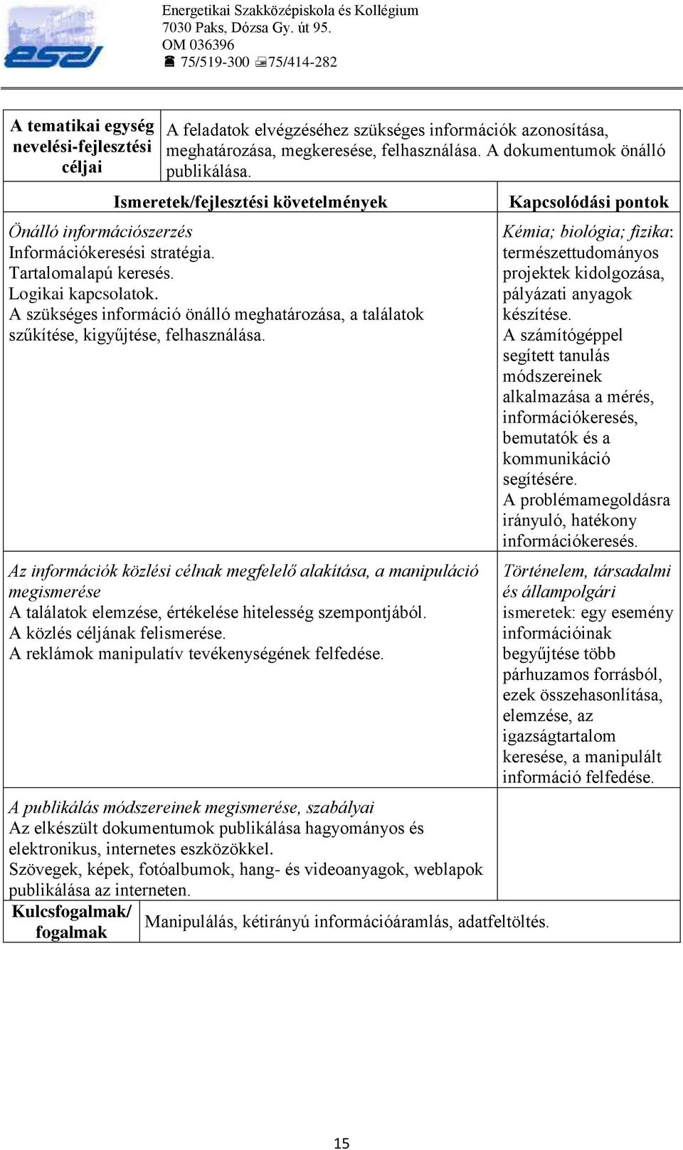 A szükséges információ önálló meghatározása, a találatok szűkítése, kigyűjtése, felhasználása.