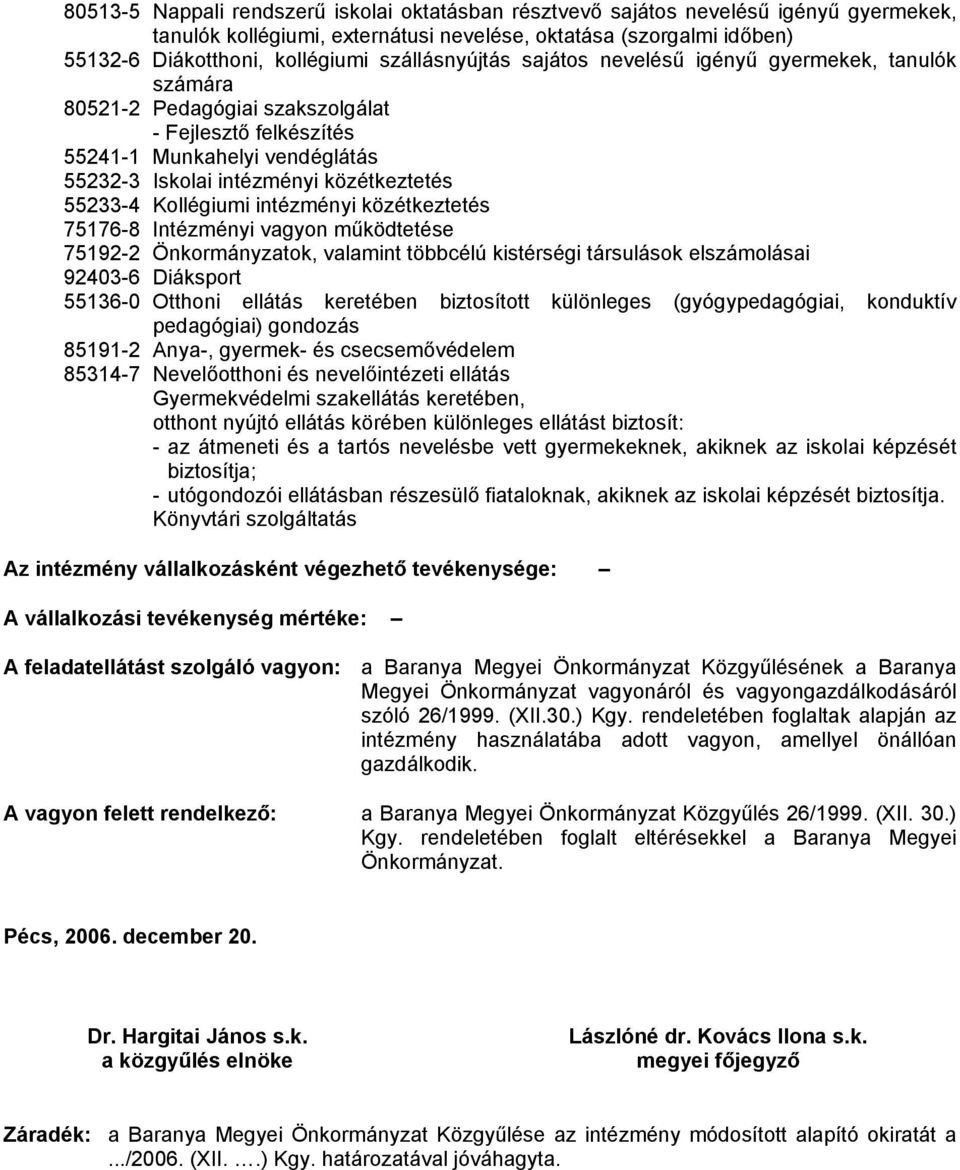 55233-4 Kollégiumi intézményi közétkeztetés 75176-8 Intézményi vagyon működtetése 75192-2 Önkormányzatok, valamint többcélú kistérségi társulások elszámolásai 92403-6 Diáksport 55136-0 Otthoni