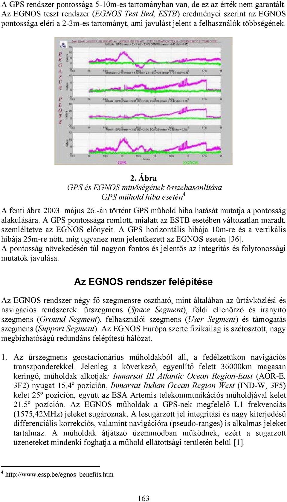 május 26.-án történt GPS műhold hiba hatását mutatja a pontosság alakulására. A GPS pontossága romlott, mialatt az ESTB esetében változatlan maradt, szemléltetve az EGNOS előnyeit.
