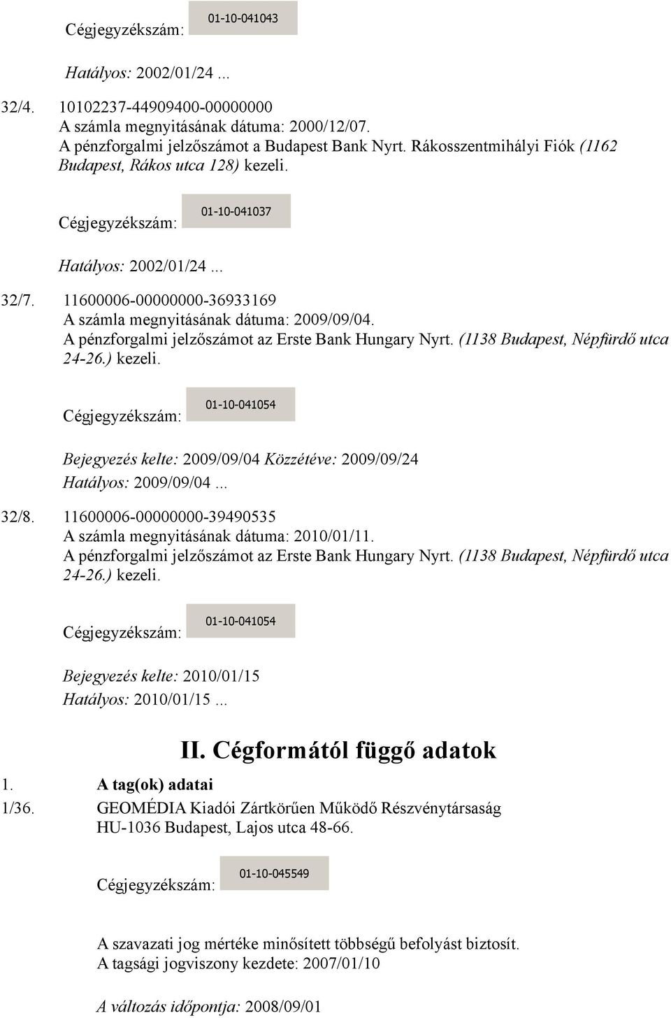 A pénzforgalmi jelzőszámot az Erste Bank Hungary Nyrt. (1138 Budapest, Népfürdő utca 24-26.) kezeli. 01-10-041054 Bejegyezés kelte: 2009/09/04 Közzétéve: 2009/09/24 Hatályos: 2009/09/04... 32/8.