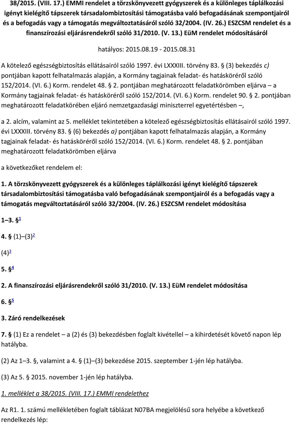 támogatás megváltoztatásáról szóló 32/2004. (IV. 26.) ESZCSM rendelet és a finanszírozási eljárásrendekről szóló 31/2010. (V. 13.) EüM rendelet módosításáról hatályos: 2015.08.