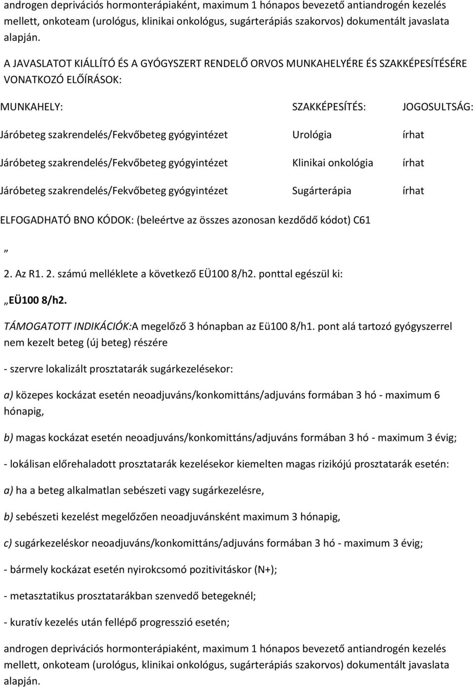Urológia írhat Járóbeteg szakrendelés/fekvőbeteg gyógyintézet Klinikai onkológia írhat Járóbeteg szakrendelés/fekvőbeteg gyógyintézet Sugárterápia írhat ELFOGADHATÓ BNO KÓDOK: (beleértve az összes