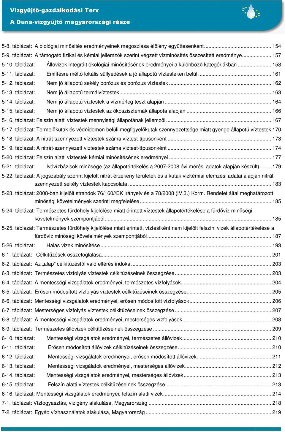 .. 161 5-12. táblázat: Nem jó állapotú sekély porózus és porózus víztestek... 162 5-13. táblázat: Nem jó állapotú termálvíztestek... 163 5-14.