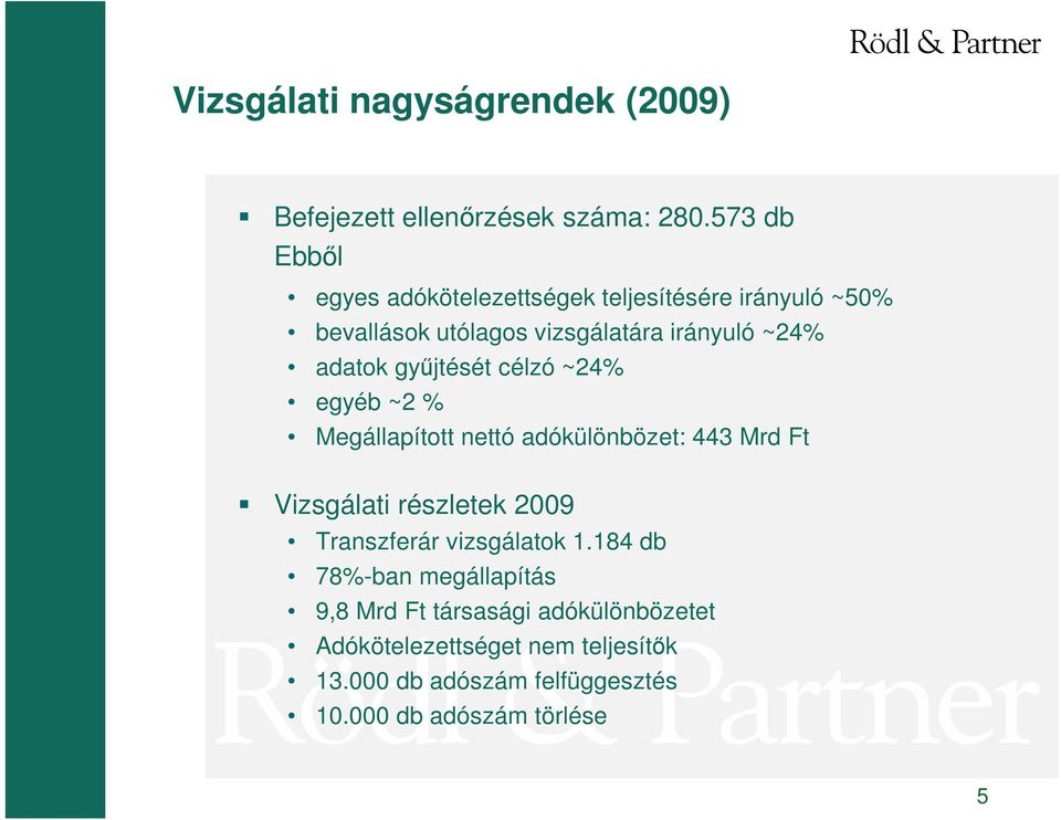 adatok győjtését célzó ~24% egyéb ~2 % Megállapított nettó adókülönbözet: 443 Mrd Ft Vizsgálati részletek 2009