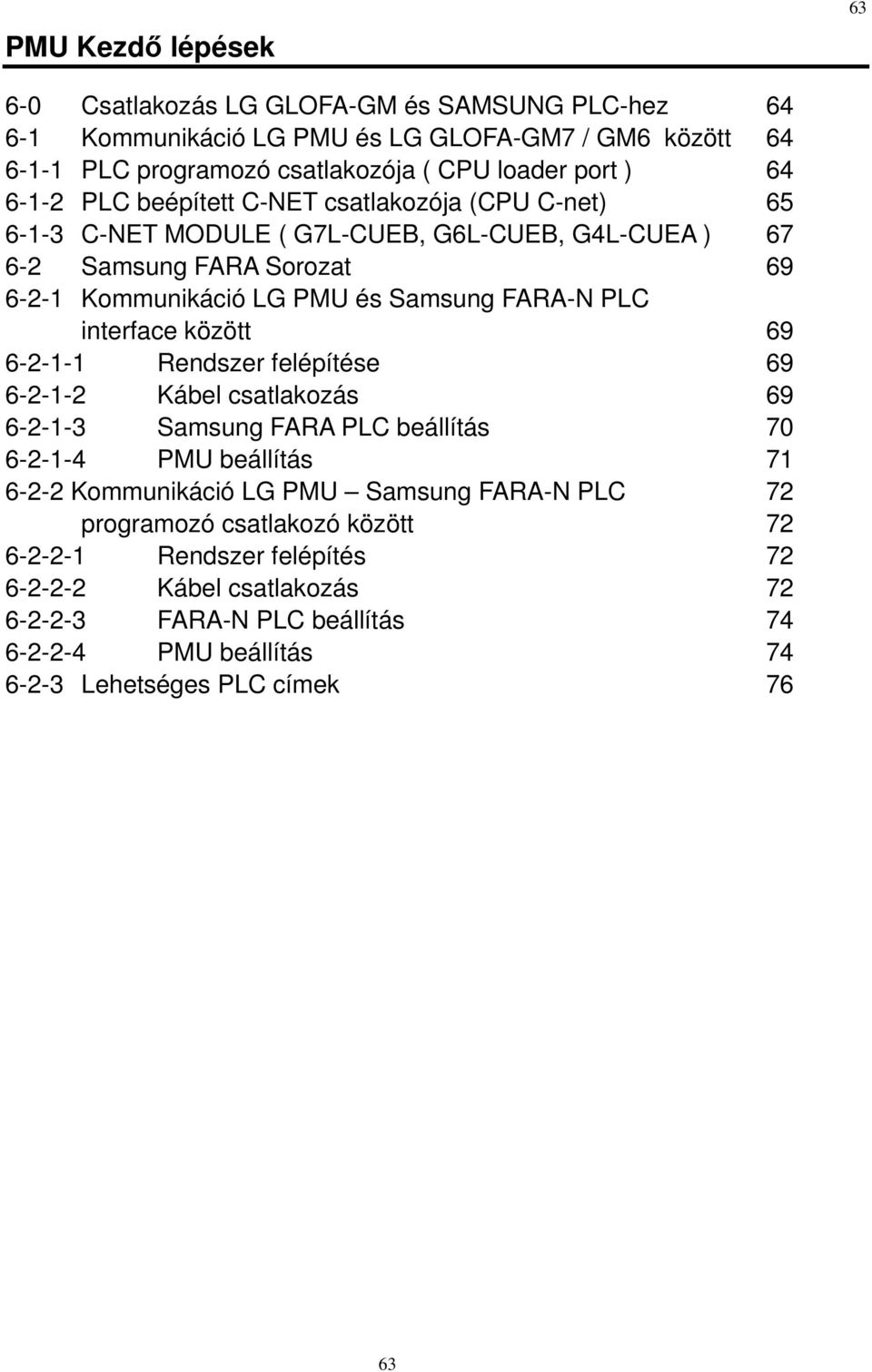 PLC interface között 9 --1-1 Rendszer felépítése 9 --1- Kábel csatlakozás 9 --1- Samsung FARA PLC beállítás 0 --1- PMU beállítás 1 -- Kommunikáció LG PMU