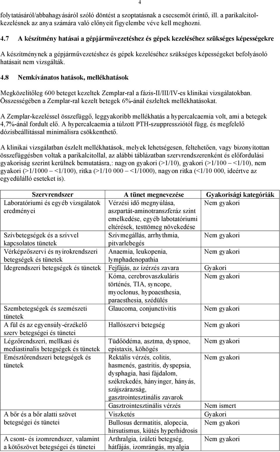 vizsgálták. 4.8 Nemkívánatos hatások, mellékhatások Megközelítőleg 600 beteget kezeltek Zemplar-ral a fázis-ii/iii/iv-es klinikai vizsgálatokban.