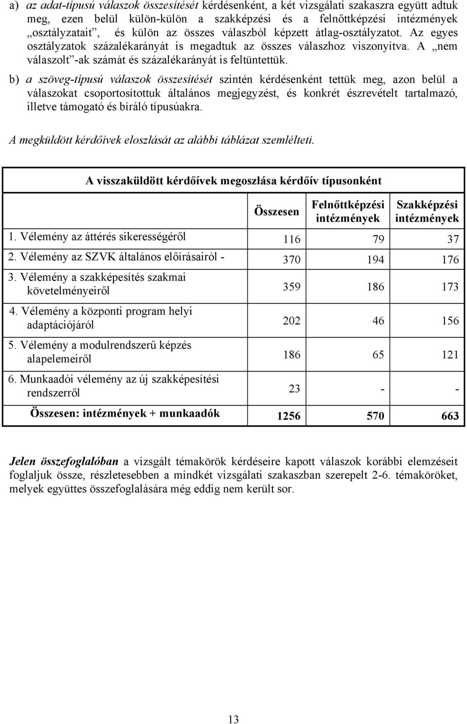b) a szöveg-típusú válaszok összesítését szintén kérdésenként tettük meg, azon belül a válaszokat csoportosítottuk általános megjegyzést, és konkrét észrevételt tartalmazó, illetve támogató és bíráló
