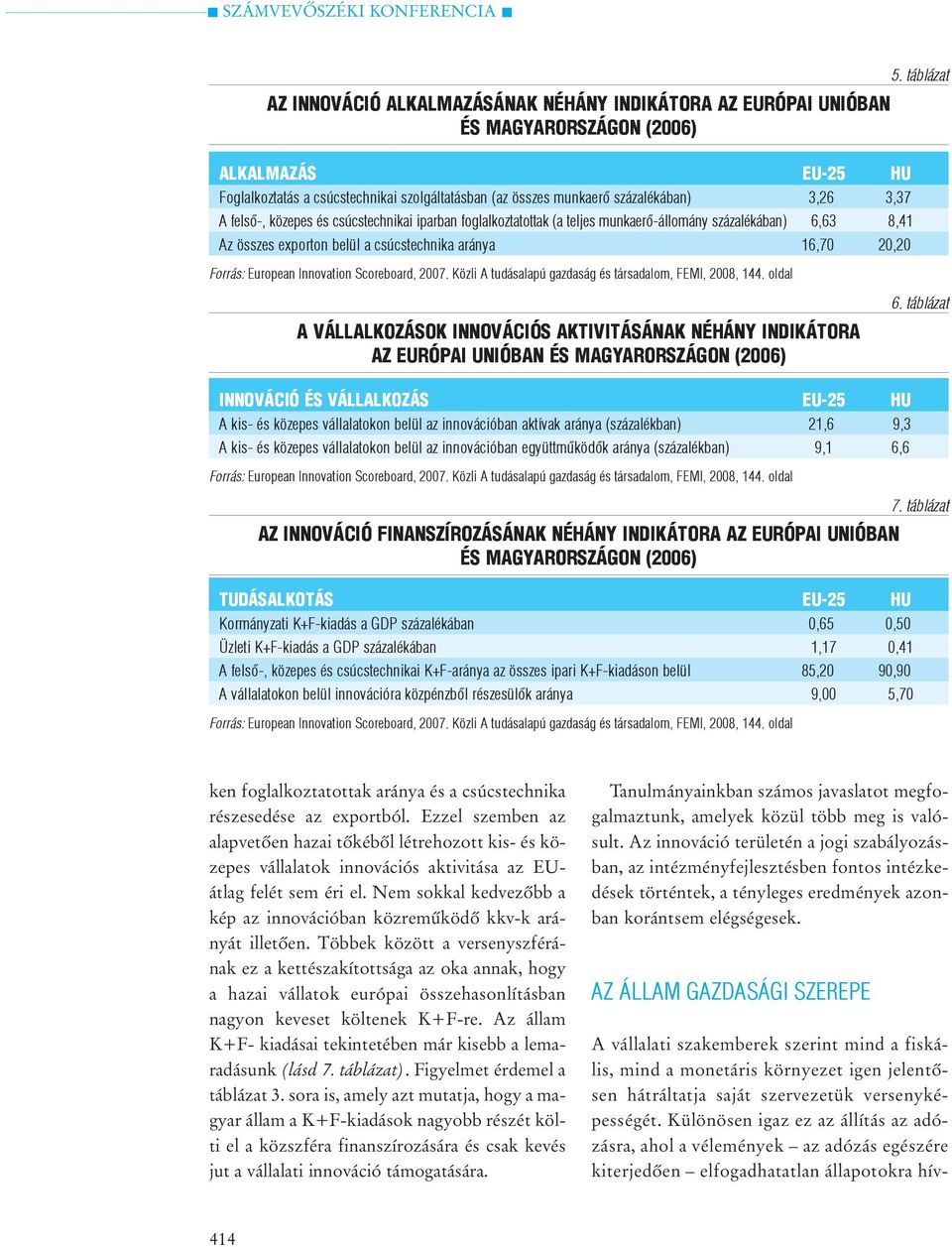 3,37 A felsõ-, közepes és csúcsechnikai iparban foglalkozaoak (a eljes munkaerõ-állomány százalékában) 6,63 8,41 Az összes exporon belül a csúcsechnika aránya 16,70 20,20 Forrás: European Innovaion