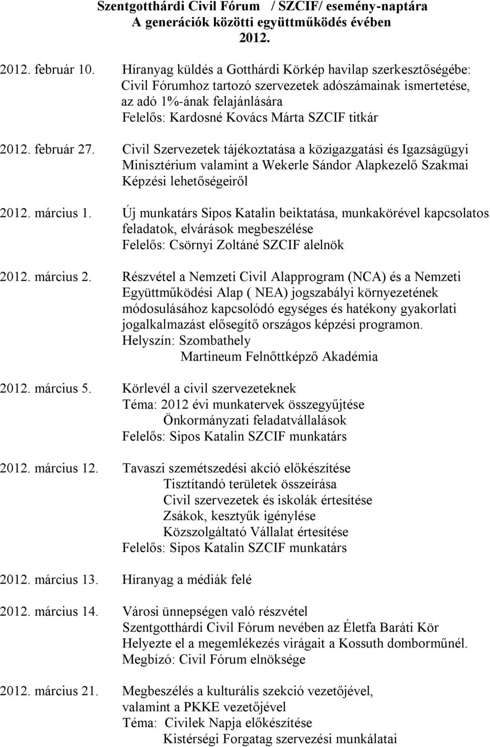február 27. Civil Szervezetek tájékoztatása a közigazgatási és Igazságügyi Minisztérium valamint a Wekerle Sándor Alapkezelő Szakmai Képzési lehetőségeiről 2012. március 1.