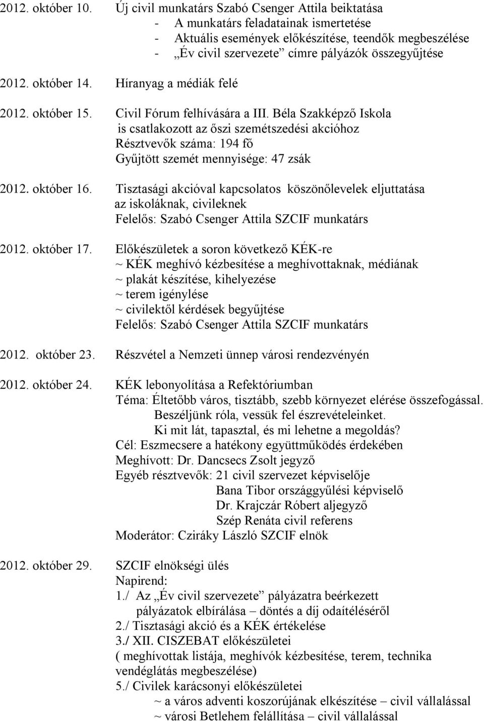 2012. október 14. Híranyag a médiák felé 2012. október 15. Civil Fórum felhívására a III.
