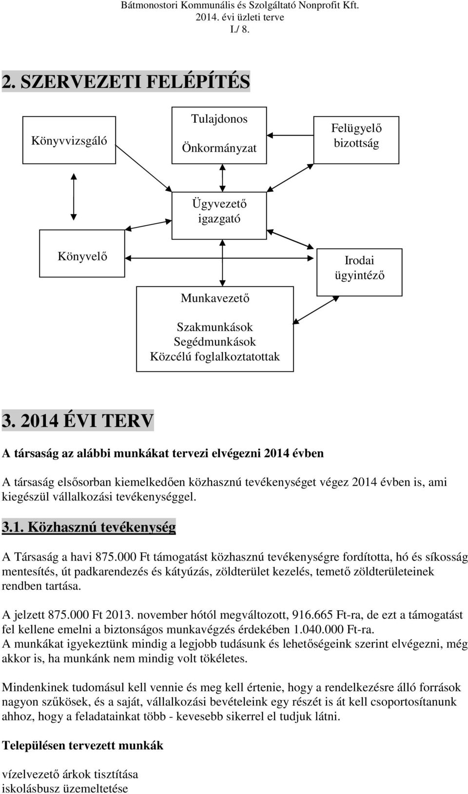 2014 ÉVI TERV A társaság az alábbi munkákat tervezi elvégezni 2014 évben A társaság elsősorban kiemelkedően közhasznú tevékenységet végez 2014 évben is, ami kiegészül vállalkozási tevékenységgel. 3.1. Közhasznú tevékenység A Társaság a havi 875.