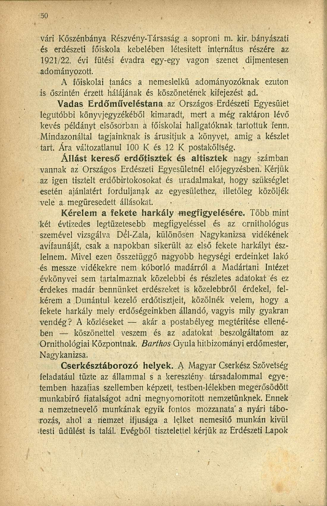 vári Kőszénbánya Részvény-Társaság a soproni m. kir. bányászati és erdészeti főiskola kebelében létesített internátus részére az 1921/22.