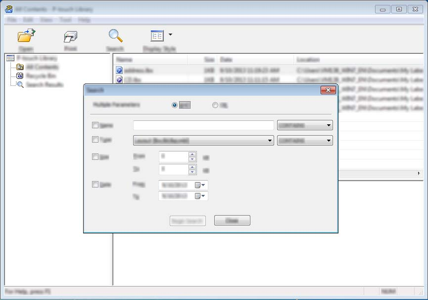 A P-touch Library használata Sablonok keresése 12 Megkeresheti a P-touch Libraryben regisztrált sablonokat. a Kattintson a [Keresés] gombra. Megjelenik a [Keresés] párbeszédablak.