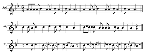 2d) re gerinc. Az alcsoport egyik sora végig re-n recitál, másik sora re-ről ti-re ereszkedik. Az előzővel ellentétben ez az alcsoport igen határozott és homogén. 2e) mi-re-(do) gerinc.