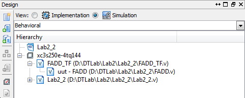 A Lab2_2 feladat lényegi része Az ISE szimulációs módban két független jövőbeni szimulációs feladat látszik Az FADD_TF környezet és benne az FADD.v, mint uut A Lab2_2.